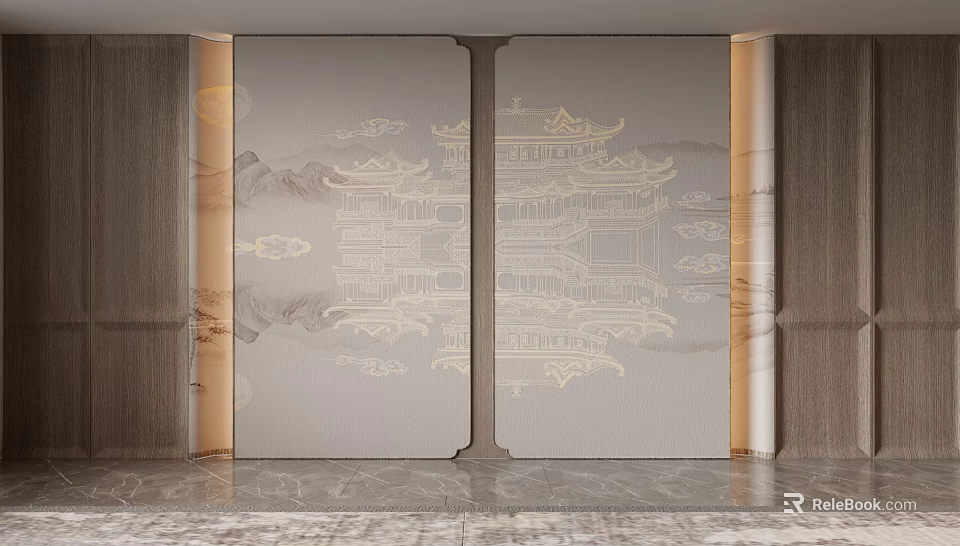 Chinese Style Background Wall With Traditional Pavilion Cloud Patterns And Marble Texture Design 3d model 