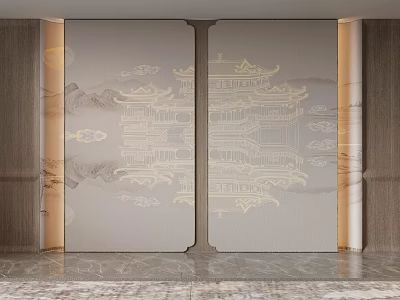 Chinese Style Background Wall With Traditional Pavilion Cloud Patterns And Marble Texture Design 3d model