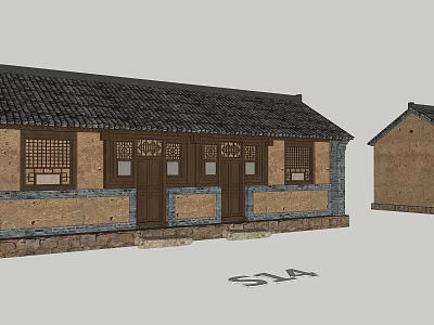 Traditional Chinese Old Style House With Black Tile Roof Yellow Brick Walls And Wooden Doors 3d model