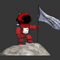 Red Astronaut Figure Standing On Moon Surface Holding Blue Flag With Logo 3d model