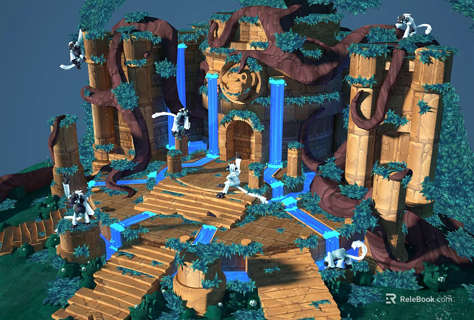 Cartoon Scenery Featuring Wooden Castle Waterfalls Playful Monkeys Vines And Steps 3d model 