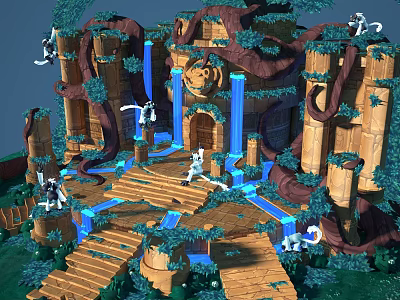 Cartoon Scenery Featuring Wooden Castle Waterfalls Playful Monkeys Vines And Steps 3d model