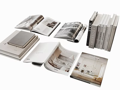 Open Books And Stacked Magazines With Interior Design Pages And 3d model