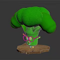 Green Broccoli Character With Red Glasses Funny Face And Wooden Base