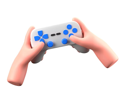 Hands Holding White Game Controller With Blue Buttons And Ergonomic Design 3d model