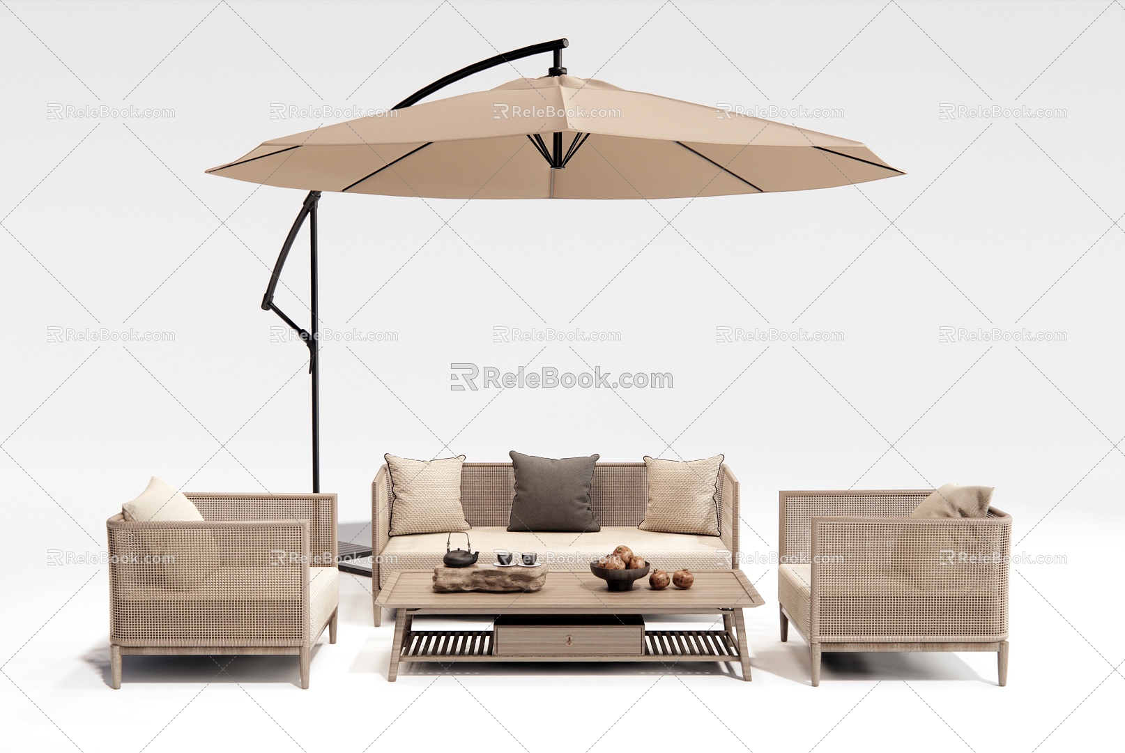 New Chinese Style Outdoor Sofa Rattan Leisure Sofa Coffee Table Ornaments 3d model