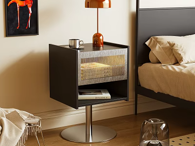 Modern Bedside Table With Metal Base Orange Table Lamp Mug And Mesh Drawer 3d model