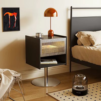 Modern Bedside Table With Metal Base Orange Table Lamp Mug And Mesh Drawer 3d model