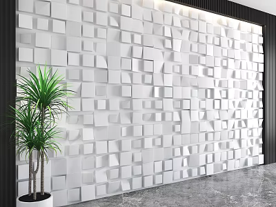 Modern White 3D Cube Accent Wall With Green Plant 3d model