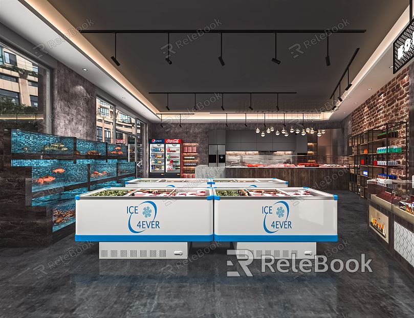 Industrial LOFT Supermarket Seafood Aquatic Supermarket Meat Area Seafood Area Freezer Supermarket Seafood Aquatic Pool Lobster Fish Tank model