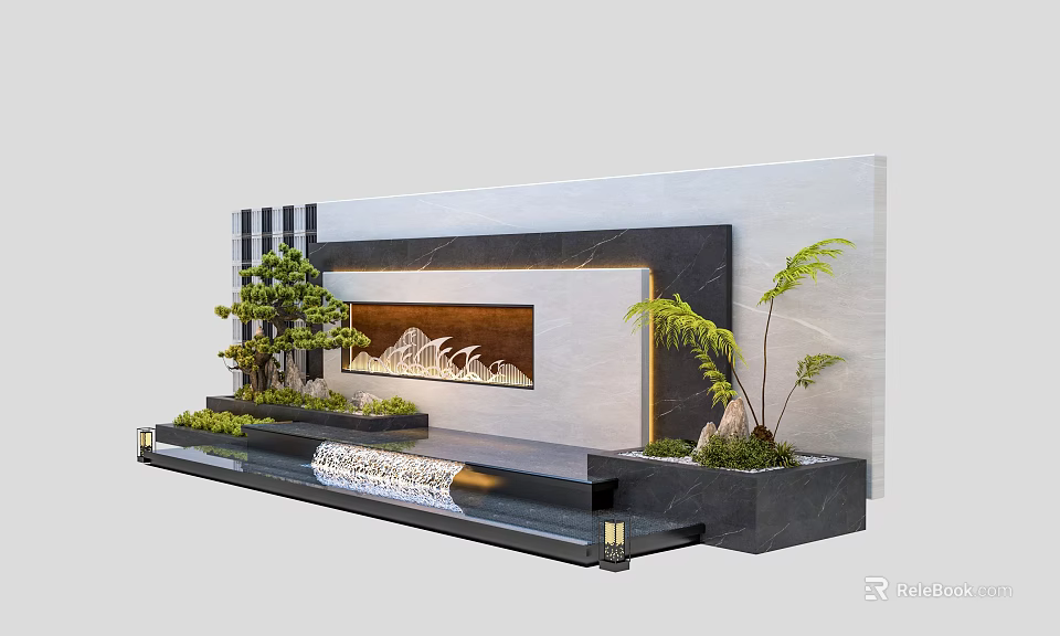 Modern Chinese Feature Wall Design With Mountain Pattern Green Plants And Water Feature 3d model 