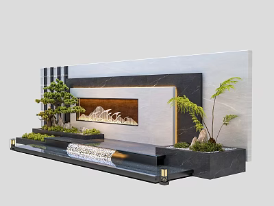 Modern Chinese Feature Wall Design With Mountain Pattern Green Plants And Water Feature 3d model