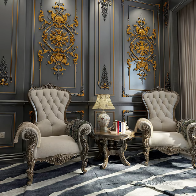 Elegant Leisure Sofa Set With Beige Armchairs Carved Details Side Table And Gold Patterned Walls 3d model 