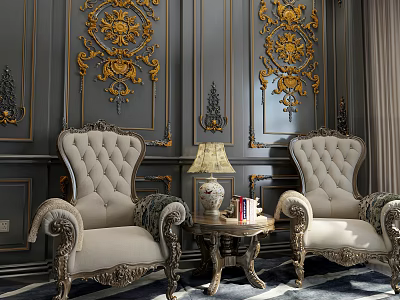 Elegant Leisure Sofa Set With Beige Armchairs Carved Details Side Table And Gold Patterned Walls 3d model