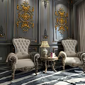 Elegant Leisure Sofa Set With Beige Armchairs Carved Details Side Table And Gold Patterned Walls
