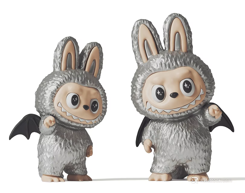 Two Gray Rabbit Ear Decorative Figurine Set With Bat Wings And Cute Expressions 3d model 