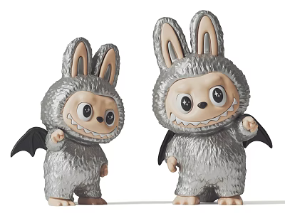 Two Gray Rabbit Ear Decorative Figurine Set With Bat Wings And Cute Expressions 3d model