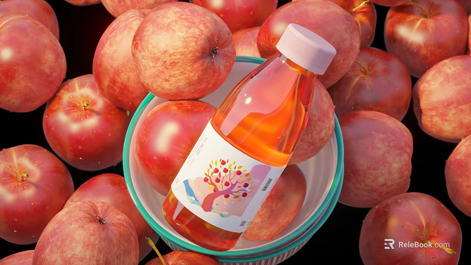 Pile of Fresh Red Apples Surrounding Juice Bottle in Green Rimmed Bowl 3d model 