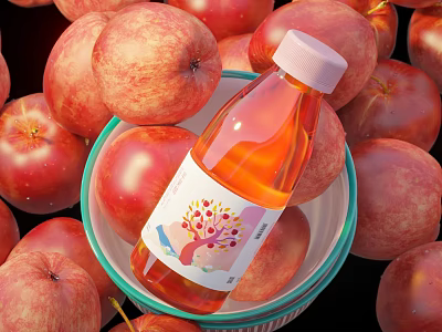 Pile of Fresh Red Apples Surrounding Juice Bottle in Green Rimmed Bowl 3d model
