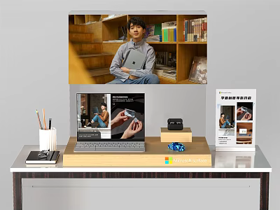 Modern Display Shelf with Books Decorations Laptop and Stationery on Desk 3d model