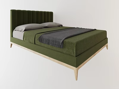 Modern Green Upholstered Double Bed with Tufted Headboard Light Wood Legs and Gray Bedding 3d model