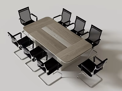 Modern Conference Table With Wooden Top Central Panel And Black Mesh Chairs 3d model