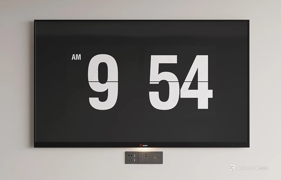 Modern Wall Mounted TV Showing Time 9 54 AM on Digital Display Screen 3d model 