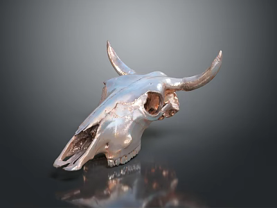 Silver Metallic Cow Skull With Detailed Horns On Reflective Dark Background 3d model