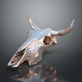 Silver Metallic Cow Skull With Detailed Horns On Reflective Dark Background