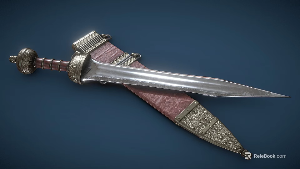 Medieval Style Decorative Sword With Silver Blade Brown Grip Red Leather Scabbard And Golden Accents 3d model 