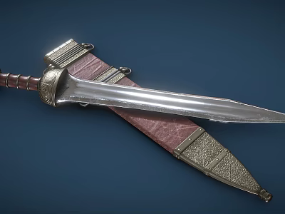 Medieval Style Decorative Sword With Silver Blade Brown Grip Red Leather Scabbard And Golden Accents 3d model