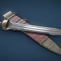 Medieval Style Decorative Sword With Silver Blade Brown Grip Red Leather Scabbard And Golden Accents