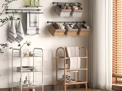 Bathroom Interior With Wall Mounted And Freestanding Shelves Storage Baskets Towels And Toiletries 3d model