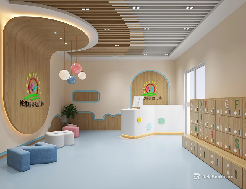 Cheerful Kindergarten Interior With Wooden Accents Colorful Lights And Alphabet Lockers 3d model 