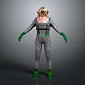 Full Body Gray Jumpsuit With Pink Helmet Green Gloves And Black Harness