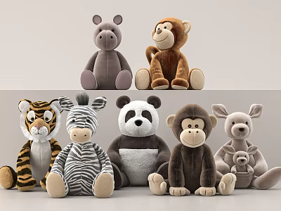 Cute Soft Stuffed Animal Plush Toys Sitting with Hippo Monkey Tiger Zebra Panda and Bear 3d model