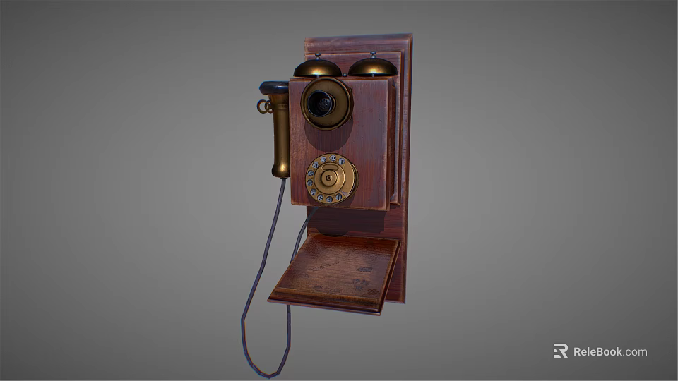 Vintage Wooden Wall Mounted Telephone With Brass Dial And Bells 3d model 