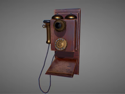 Vintage Wooden Wall Mounted Telephone With Brass Dial And Bells 3d model