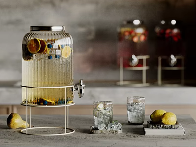 Refreshing Fruit Infused Beverage In Glass Dispenser With Lemon Slices Pear And Ice Cubes 3d model