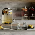 Refreshing Fruit Infused Beverage In Glass Dispenser With Lemon Slices Pear And Ice Cubes