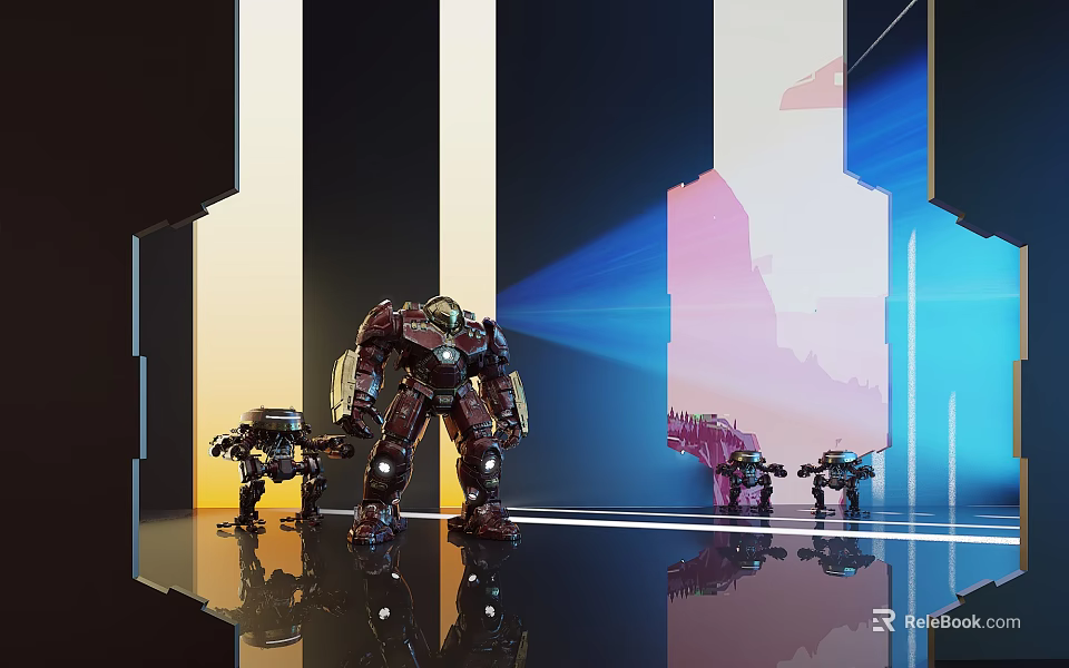 Futuristic Smart Machines In Modern Geometric Space With Colorful Light Beams And Reflective Floor 3d model 