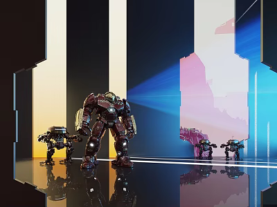 Futuristic Smart Machines In Modern Geometric Space With Colorful Light Beams And Reflective Floor 3d model