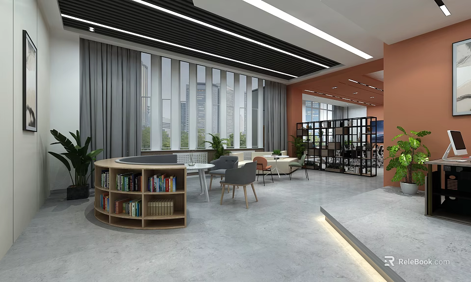 Modern Lounge Area With Circular Bookshelf Comfortable Seating Green Plants And Large Windows 3d model 