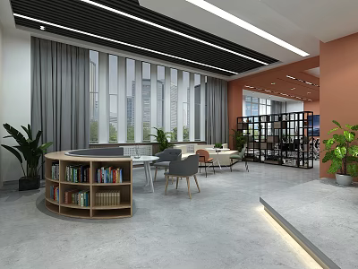 Modern Lounge Area With Circular Bookshelf Comfortable Seating Green Plants And Large Windows 3d model