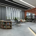 Modern Lounge Area With Circular Bookshelf Comfortable Seating Green Plants And Large Windows
