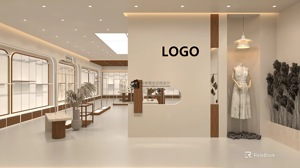 Modern Retail Showroom Interior With Logo Mannequin Dress Windows Plants And Lighting 3d model 