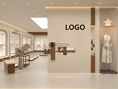 Modern Retail Showroom Interior With Logo Mannequin Dress Windows Plants And Lighting 3d model