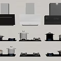 Various Kitchen Appliances Including Range Hoods Stoves And Pots In Modern Setup 3d model