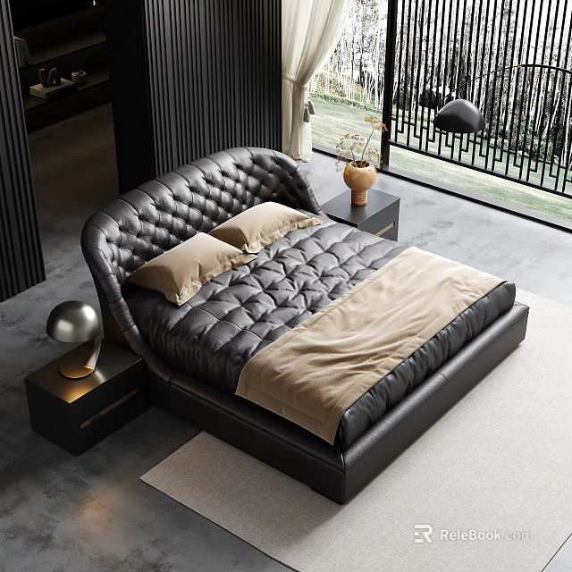 Modern Black Leather Double Bed With Tufted Headboard Beige Pillows Lamp And Nightstands 3d model 