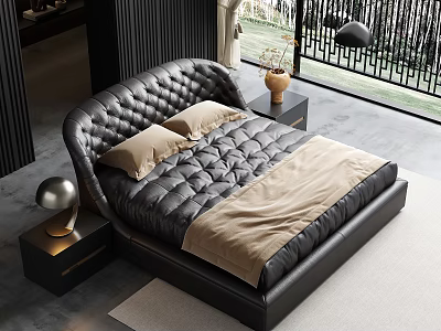 Modern Black Leather Double Bed With Tufted Headboard Beige Pillows Lamp And Nightstands 3d model